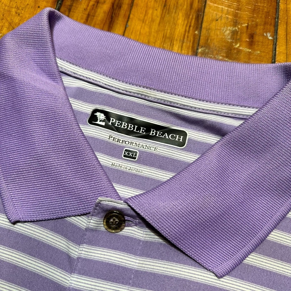 Pebble Beach Polo Shirt Men's 2XL Purple White Striped Short Sleeve Performance - Picture 2 of 6